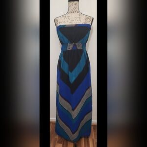 Y2K, She's Cool, Blue Geometric Pattern Strapless Maxi Dress Size Large Vacation